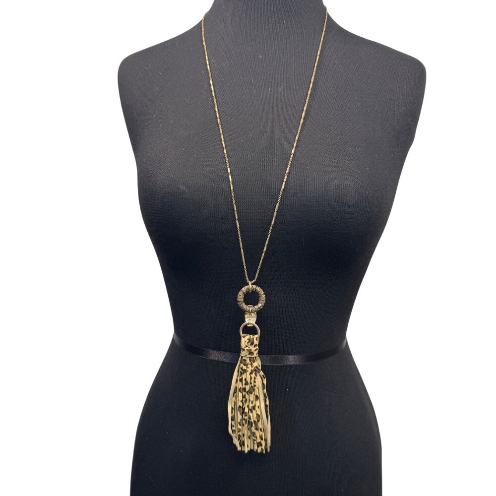 Faux Suede Leopard Print Tassel Pendant Necklace Gold Tone Adjustable